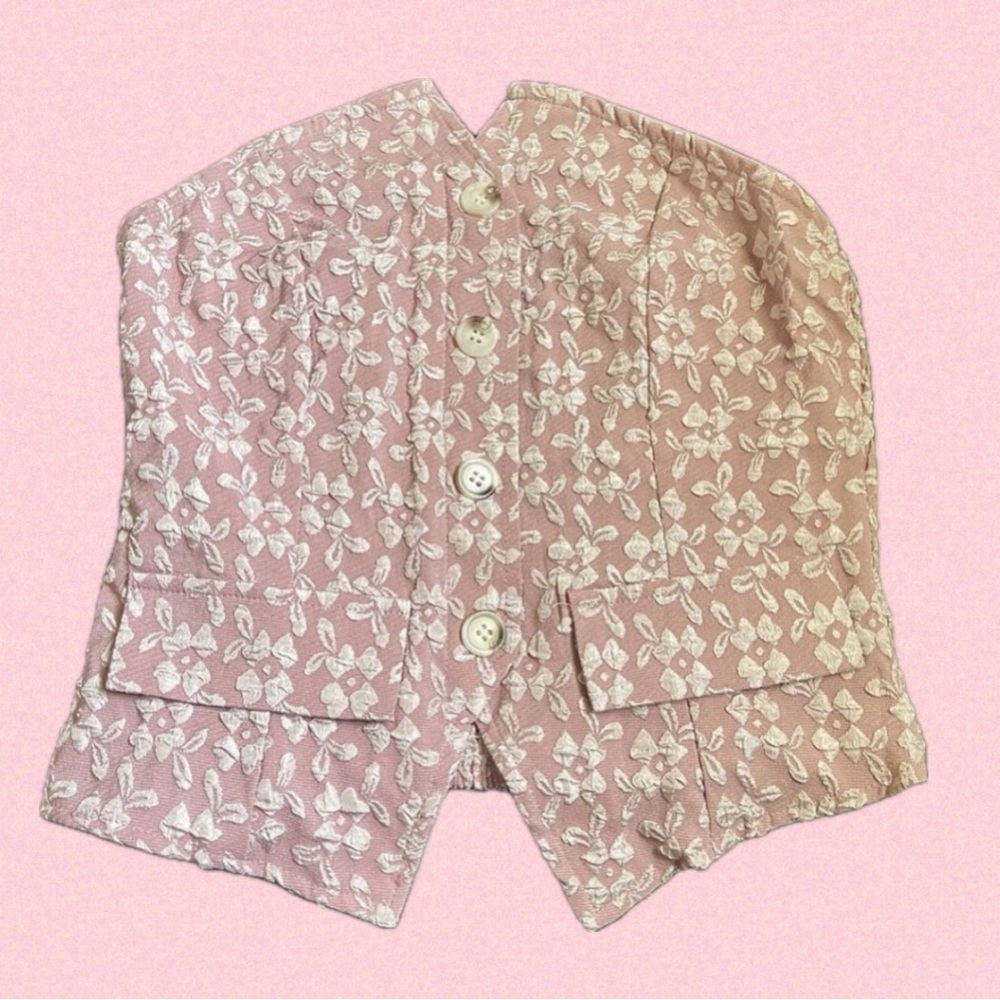 Pink Floral Embroidered Button Strapless Vest